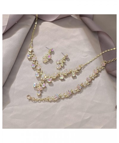 Flower Leaf Necklace Earrings Set Austrian Crystal Necklace+Earrings+Bracelet_Iridescent Clear AB Gold-Tone $13.91 Jewelry Sets