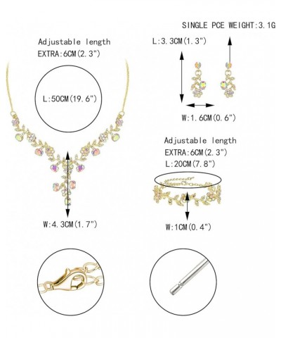 Flower Leaf Necklace Earrings Set Austrian Crystal Necklace+Earrings+Bracelet_Iridescent Clear AB Gold-Tone $13.91 Jewelry Sets