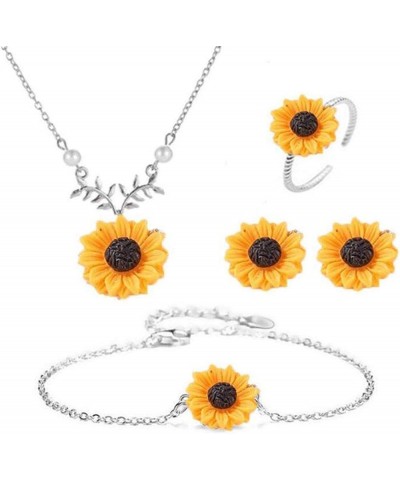 Set of 5 Sunflower Faux Pearl Leaf Chain Resin Boho Petal Pendant Necklace with Sunflower Bracelet Earrings Ring for Women Je...