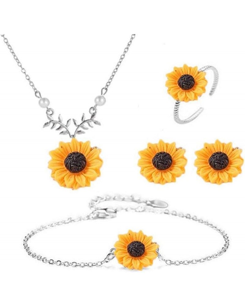 Set of 5 Sunflower Faux Pearl Leaf Chain Resin Boho Petal Pendant Necklace with Sunflower Bracelet Earrings Ring for Women Je...