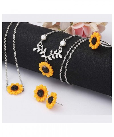 Set of 5 Sunflower Faux Pearl Leaf Chain Resin Boho Petal Pendant Necklace with Sunflower Bracelet Earrings Ring for Women Je...