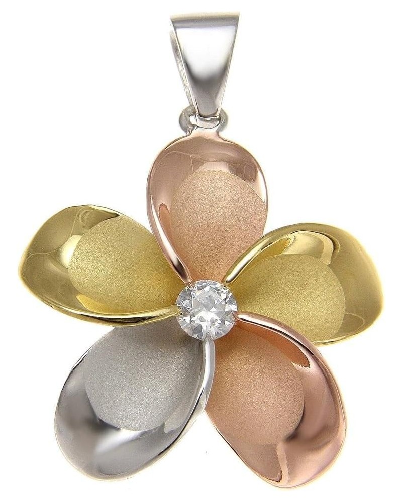 925 Sterling silver yellow rose gold tricolor plated Hawaiian plumeria pendant cz 30mm $20.68 Necklaces