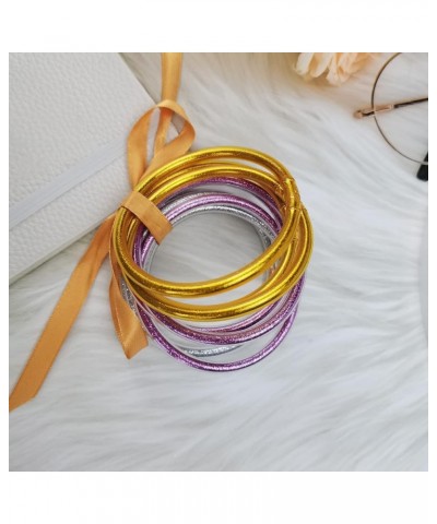 9PCS Glitter Filled Jelly Silicone Bracelets Set,Soft Glitter Bracelet for Women Girls Gold Purple Silver Circumference 8 INC...