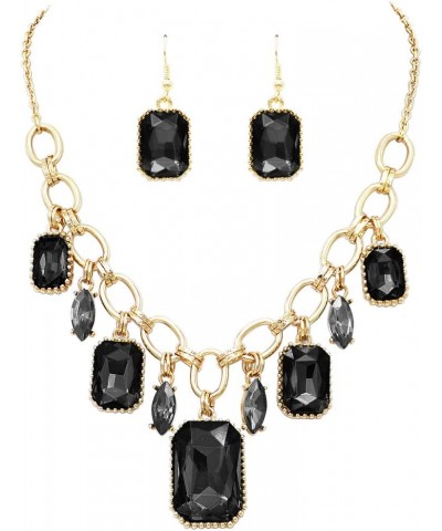 Women's Stunning Emerald Cut Crystal Statement Necklace Earrings Set, 18"+3" Extender Jet Black $16.80 Jewelry Sets