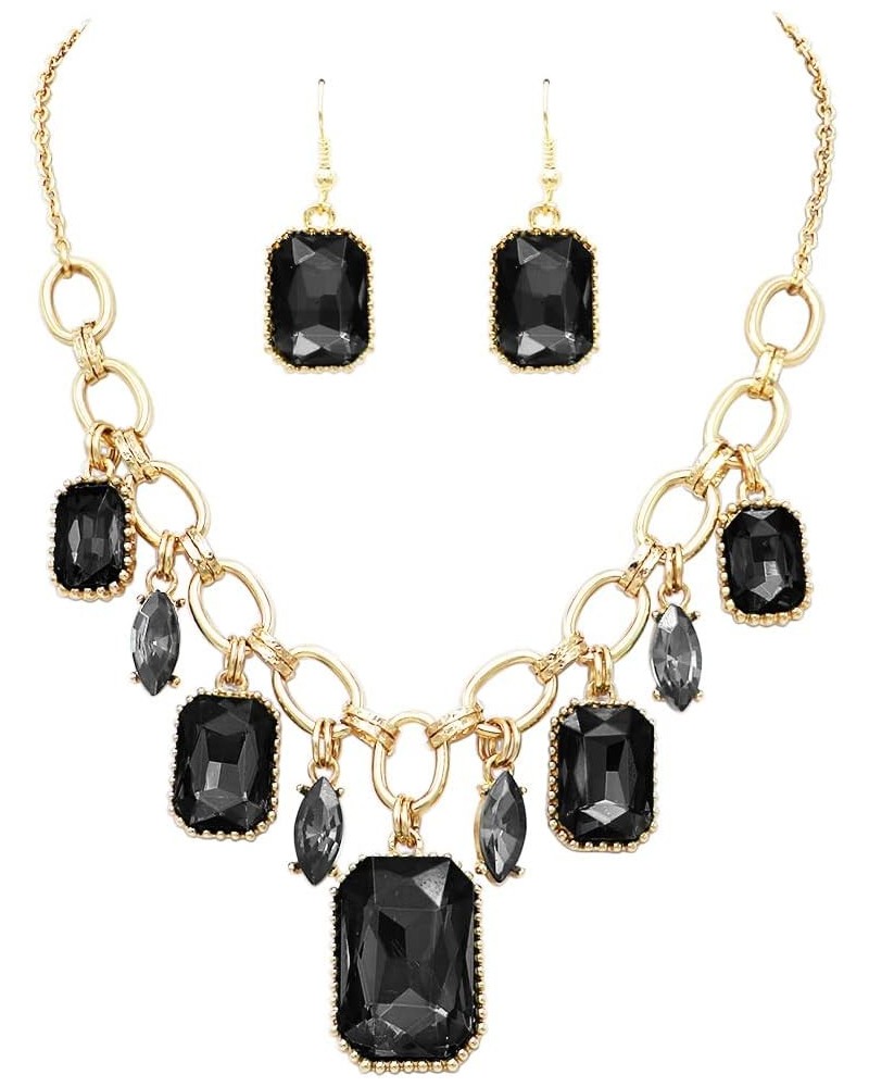 Women's Stunning Emerald Cut Crystal Statement Necklace Earrings Set, 18"+3" Extender Jet Black $16.80 Jewelry Sets