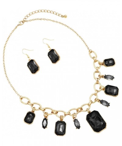 Women's Stunning Emerald Cut Crystal Statement Necklace Earrings Set, 18"+3" Extender Jet Black $16.80 Jewelry Sets