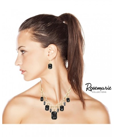 Women's Stunning Emerald Cut Crystal Statement Necklace Earrings Set, 18"+3" Extender Jet Black $16.80 Jewelry Sets