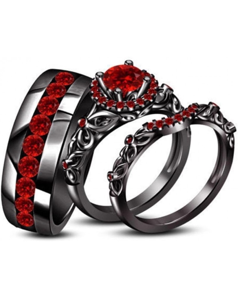 Triostar 14K Black Gold Plated 925 Sterling Silver Created Red Garnet Trio Bridal Wedding His & Her Ring Band Set Women's Siz...