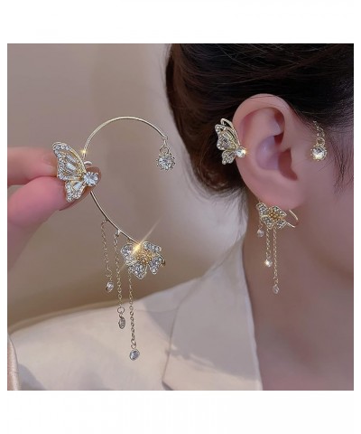 Butterfly Earrings For Women Trendy, Flower Tassel Cuff Clips On Silver Golden Charm Cubic Zirconia Dainty No Piercing Wrap B...