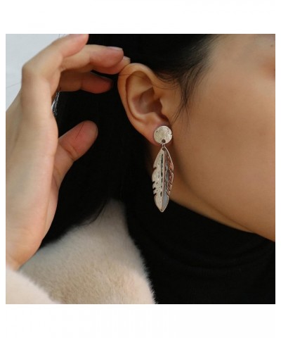 Gold Dangle Earrings Statement 14K Gold Plated Drop Earrings For Women Metal Feather Drop-Silver $9.34 Earrings