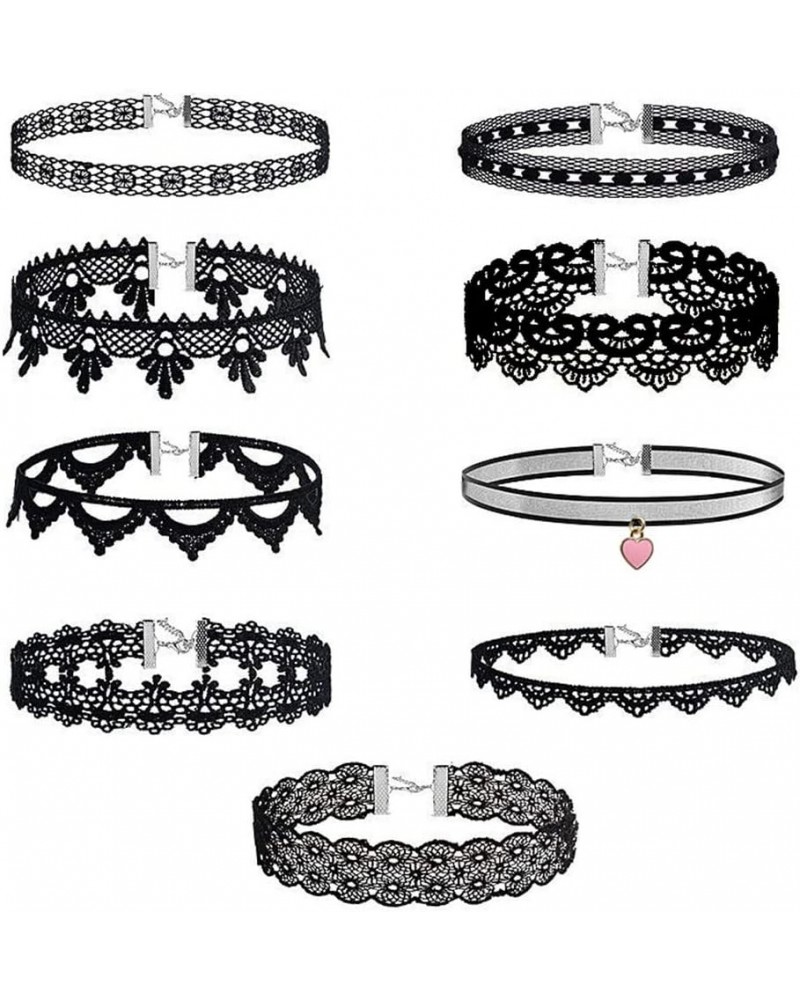 Tattoo Lace Choker Necklace for Women Girls Wide Lace Velvet Collar Necklace Classic Gothic Necklaces Set 9Pcs $11.75 Necklaces