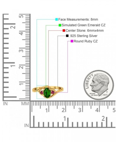 Three Stone Engagement Ring Oval Cut Round Simulated Ruby Cubic Zirconia 925 Sterling Silver Yellow Tone, Simulated Green Eme...