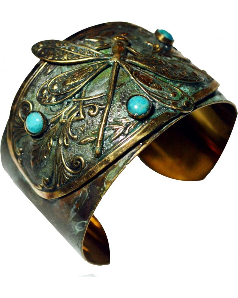 Verdigris Patina Brass Dragonfly Victorian Motif Cuff Bracelet - Turquoise - Vintage Limited Edition $48.00 Bracelets