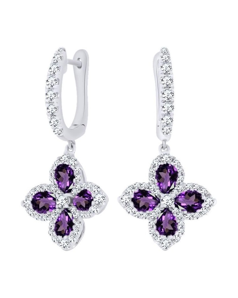 Simulated Gemstone CZ Dangle Flower Earrings in 14k White Gold Simulated Amethyst $144.90 Earrings