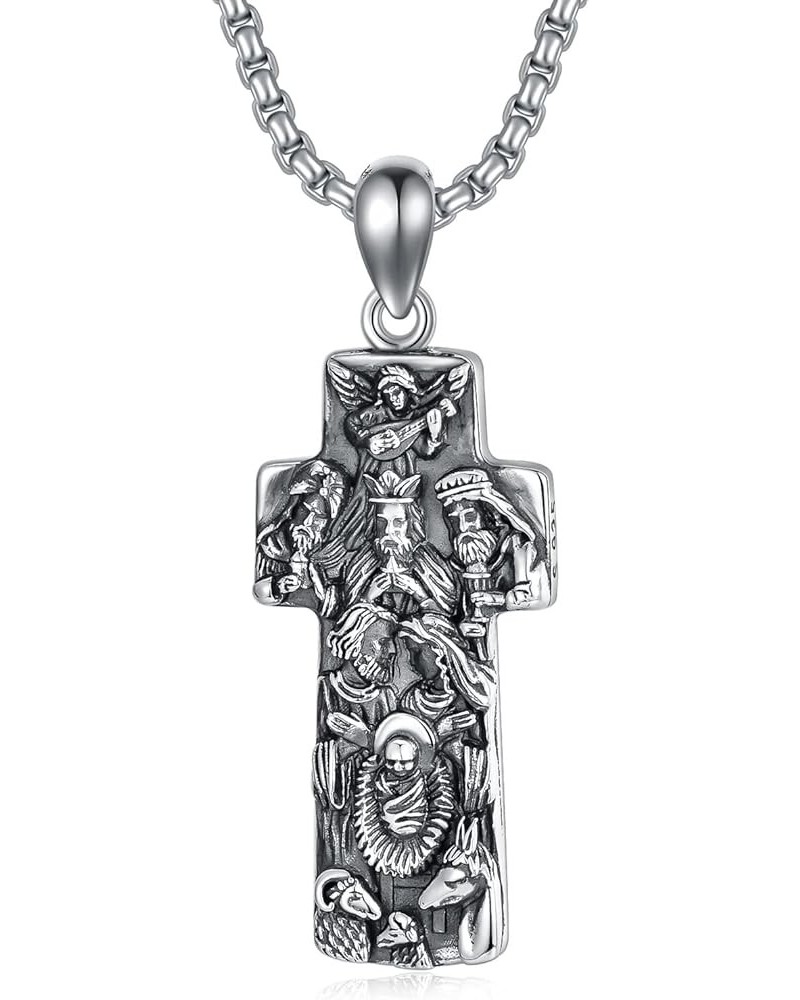 Cross Necklace 925 Sterling Silver Crucifix Pendant Ankh Jewelry for Men Women with 2mm 22"+2" Rolo Chain (with Gift Box) E-J...