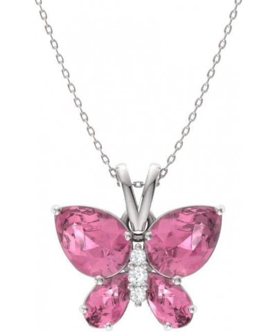 Natural and Certified Gemstone and Diamond Butterfly Petite Necklace in 14k White Gold | 1.04 Carat Pendant with Chain Pink S...