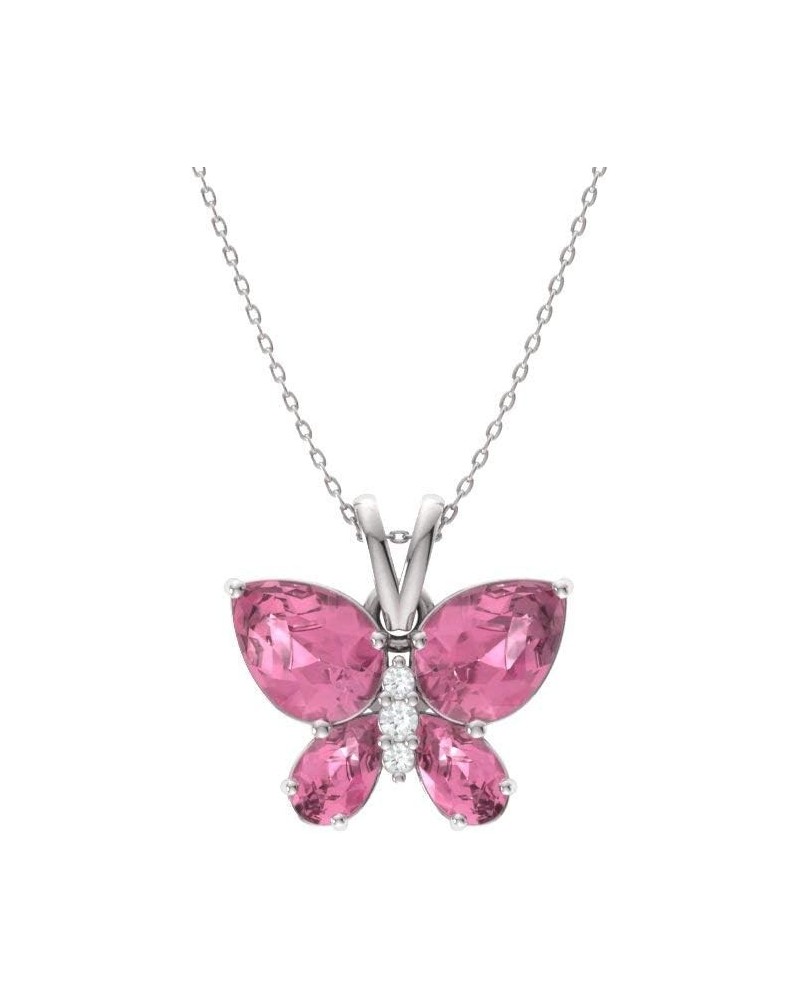 Natural and Certified Gemstone and Diamond Butterfly Petite Necklace in 14k White Gold | 1.04 Carat Pendant with Chain Pink S...