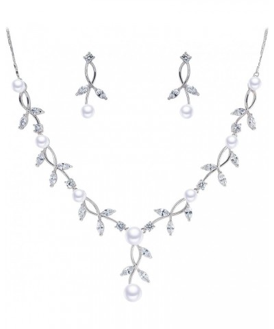 Jewelry Set for Bridal Women's Leaf Flower Wedding Simulated Pearl Statement Necklace Dangle Earrings Set Party Silver $17.66...