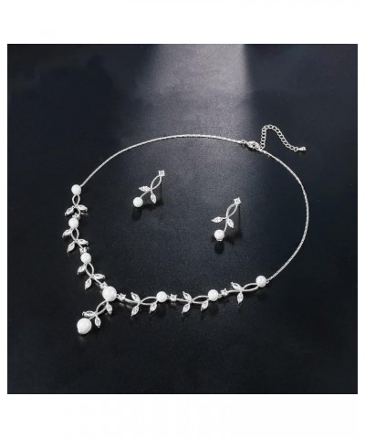 Jewelry Set for Bridal Women's Leaf Flower Wedding Simulated Pearl Statement Necklace Dangle Earrings Set Party Silver $17.66...