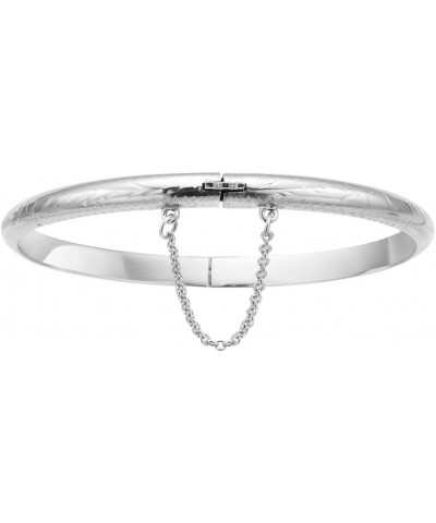 Sterling Silver Polished or Floral Engrave Hinged Bangle Bracelet with Chain Engraved $26.09 Bracelets