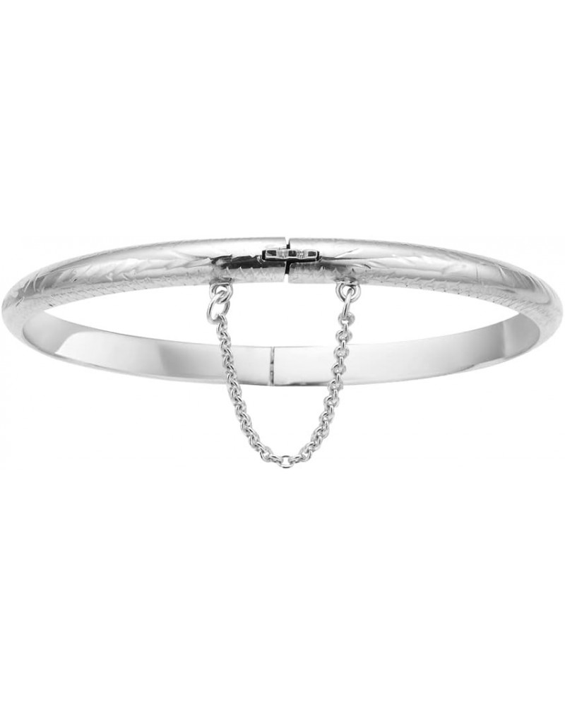 Sterling Silver Polished or Floral Engrave Hinged Bangle Bracelet with Chain Engraved $26.09 Bracelets