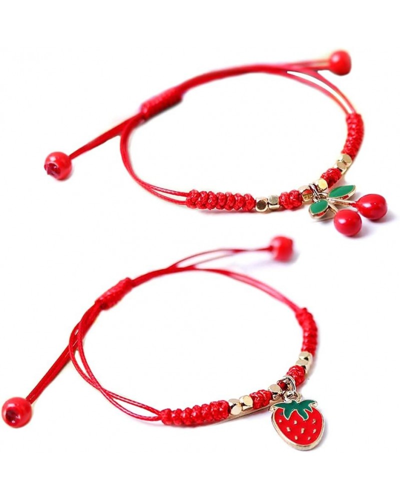 2Pcs Summer Fruit Strawberry Cherry Bracelets Sets,Handmade Weave Red Rope Adjustable Bracelet Protection Jewelry for Couple ...