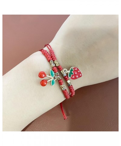 2Pcs Summer Fruit Strawberry Cherry Bracelets Sets,Handmade Weave Red Rope Adjustable Bracelet Protection Jewelry for Couple ...