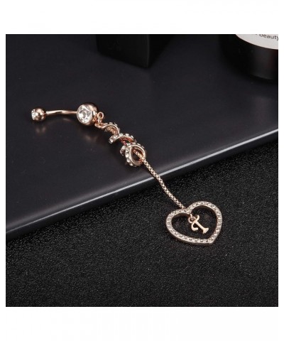 14G Belly Button Ring Dangle with Initials for Women Rose Gold Plated Navel Ring 316L Stainless Steel Heart Pendant Belly Pie...