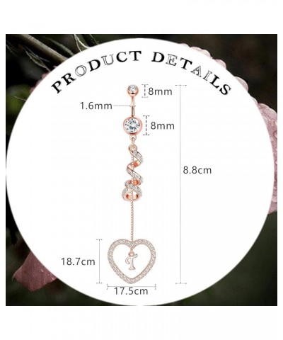 14G Belly Button Ring Dangle with Initials for Women Rose Gold Plated Navel Ring 316L Stainless Steel Heart Pendant Belly Pie...