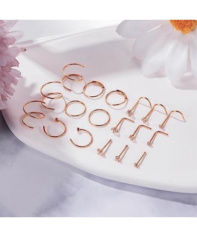 18 Pcs 18G 20G 22G Surgical Steel Nose Rings Hoop for Women Men Nose Studs Double Nose Ring Set Nostril Piercing Jewelry Rose...