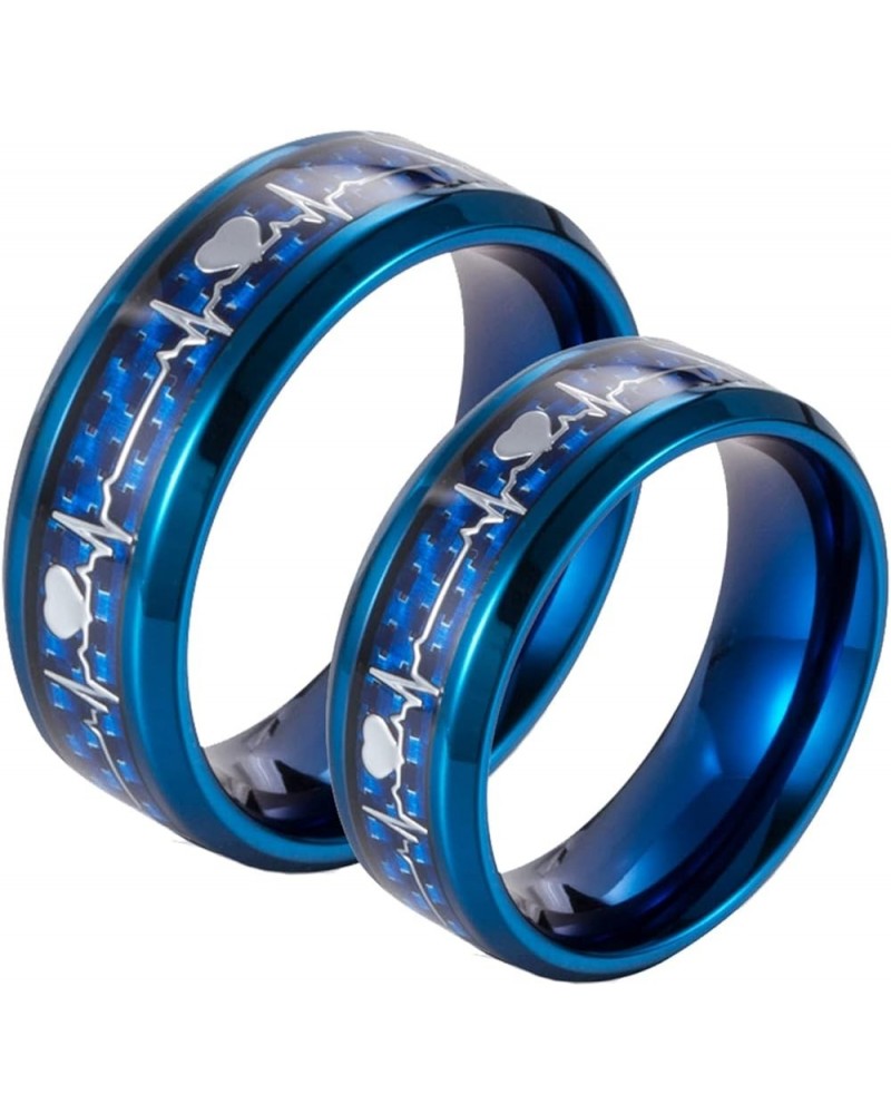 Couples Rings Stainless Steel, Custom Rings for Men and Women Blue Carbon Fiber Ring with Heartbeat Size 6 to Size 13 Customi...