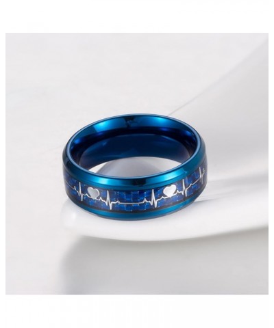 Couples Rings Stainless Steel, Custom Rings for Men and Women Blue Carbon Fiber Ring with Heartbeat Size 6 to Size 13 Customi...