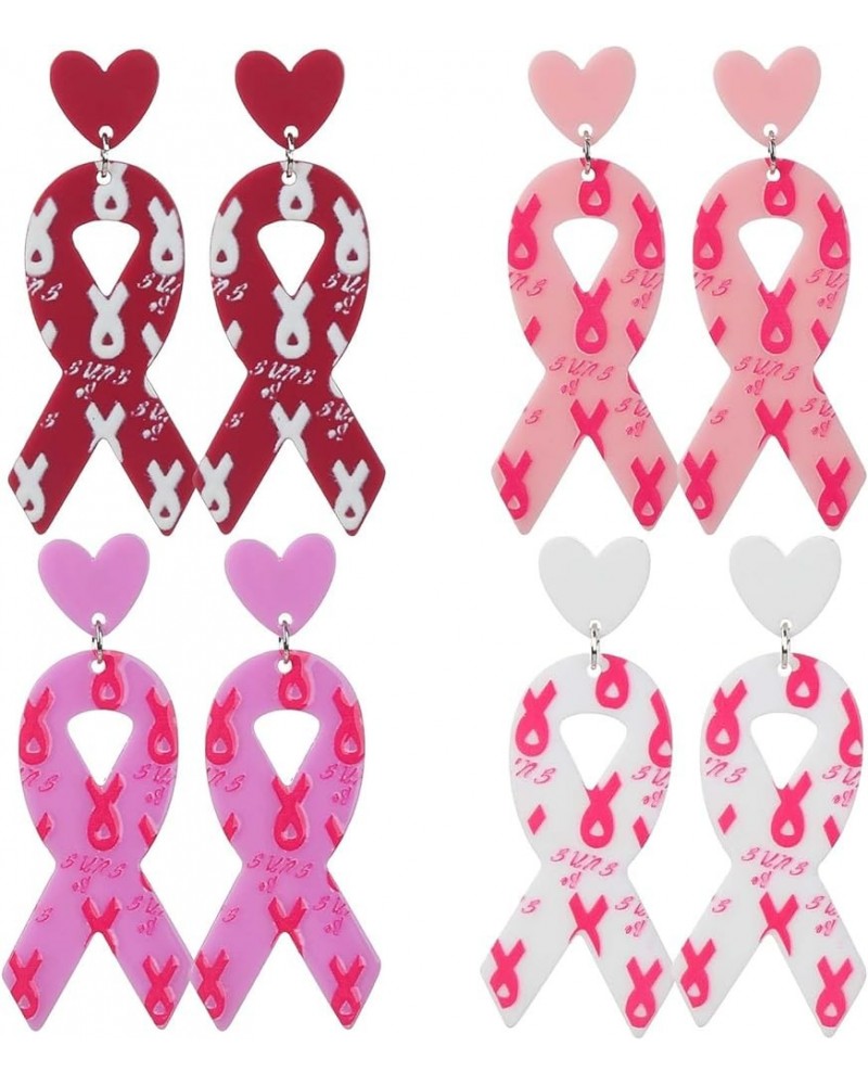 4 Pairs Breast Cancer Awareness Earrings for Women Pink Ribbon Dangle Earrings Cancer Survivor Earrings Acrylic Earrings Stat...