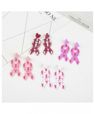 4 Pairs Breast Cancer Awareness Earrings for Women Pink Ribbon Dangle Earrings Cancer Survivor Earrings Acrylic Earrings Stat...