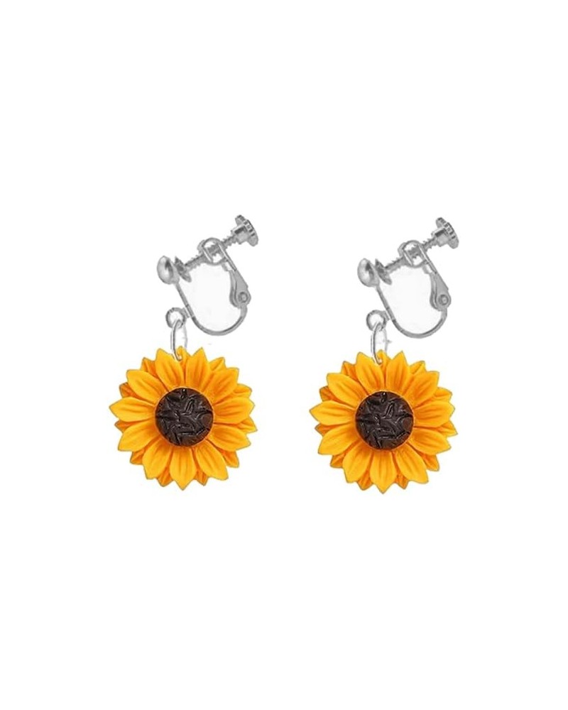 Resin Sunflower Clip on Earrings Sunflower Non Pierced Clip Earrings for Women Girls big-silver $7.50 Earrings