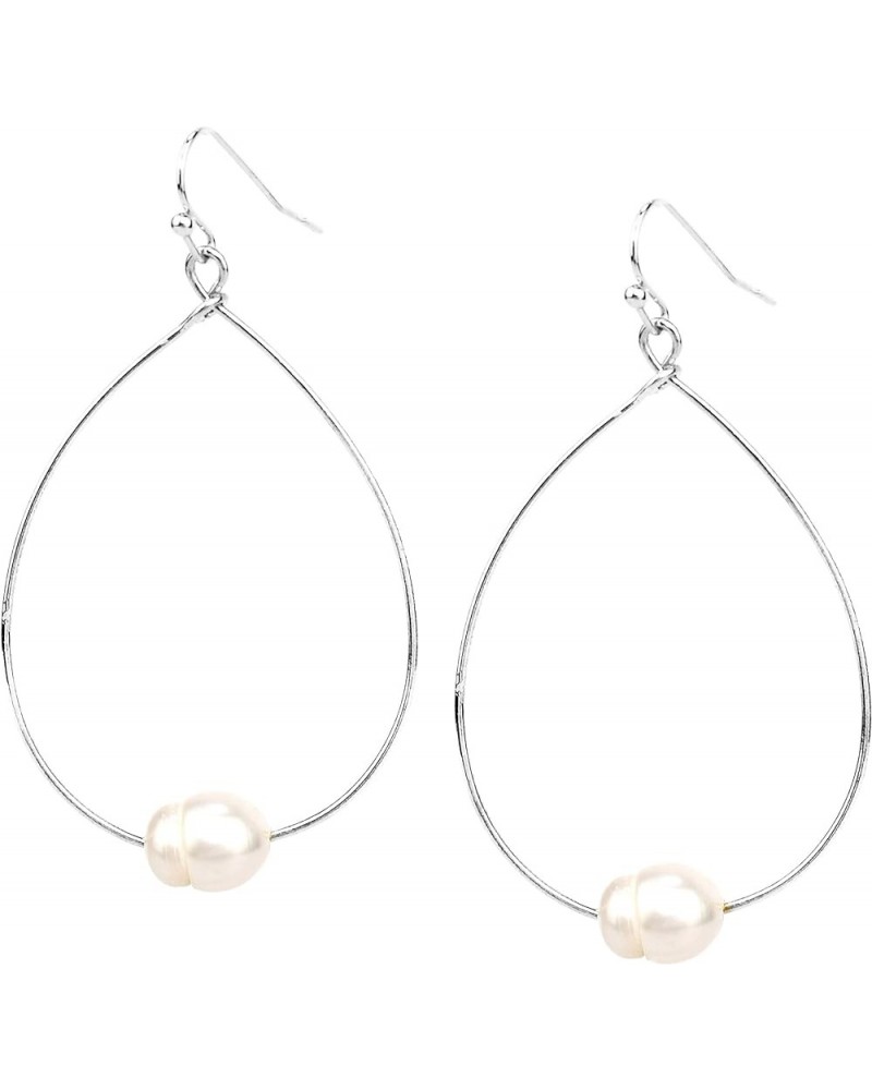 Lightweight Pearl Hoop Earrings, Gold Open Teardrop Pearl Dangle Drop Earrings for Women Rhodium $11.20 Earrings