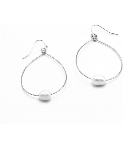 Lightweight Pearl Hoop Earrings, Gold Open Teardrop Pearl Dangle Drop Earrings for Women Rhodium $11.20 Earrings