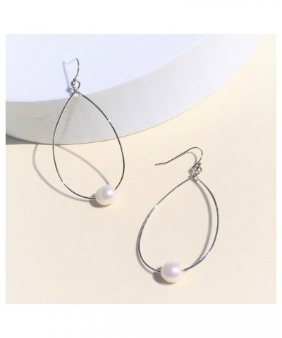 Lightweight Pearl Hoop Earrings, Gold Open Teardrop Pearl Dangle Drop Earrings for Women Rhodium $11.20 Earrings