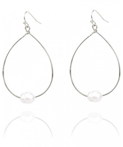 Lightweight Pearl Hoop Earrings, Gold Open Teardrop Pearl Dangle Drop Earrings for Women Rhodium $11.20 Earrings