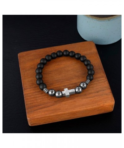 3-6 Pcs Black Hematite Beads Bracelets for Men Women Unisex Matte Glass Beaded Cross Pendant Bracelet Set with Map Stone Bead...