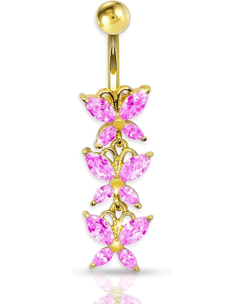 Anodized Gold 316L 3 Butterflies Dangle Belly Ring with CZ Stones Pink $9.89 Body Jewelry