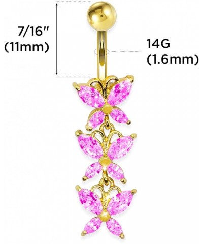 Anodized Gold 316L 3 Butterflies Dangle Belly Ring with CZ Stones Pink $9.89 Body Jewelry