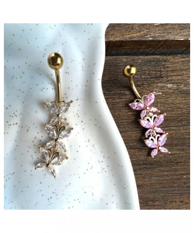 Anodized Gold 316L 3 Butterflies Dangle Belly Ring with CZ Stones Pink $9.89 Body Jewelry