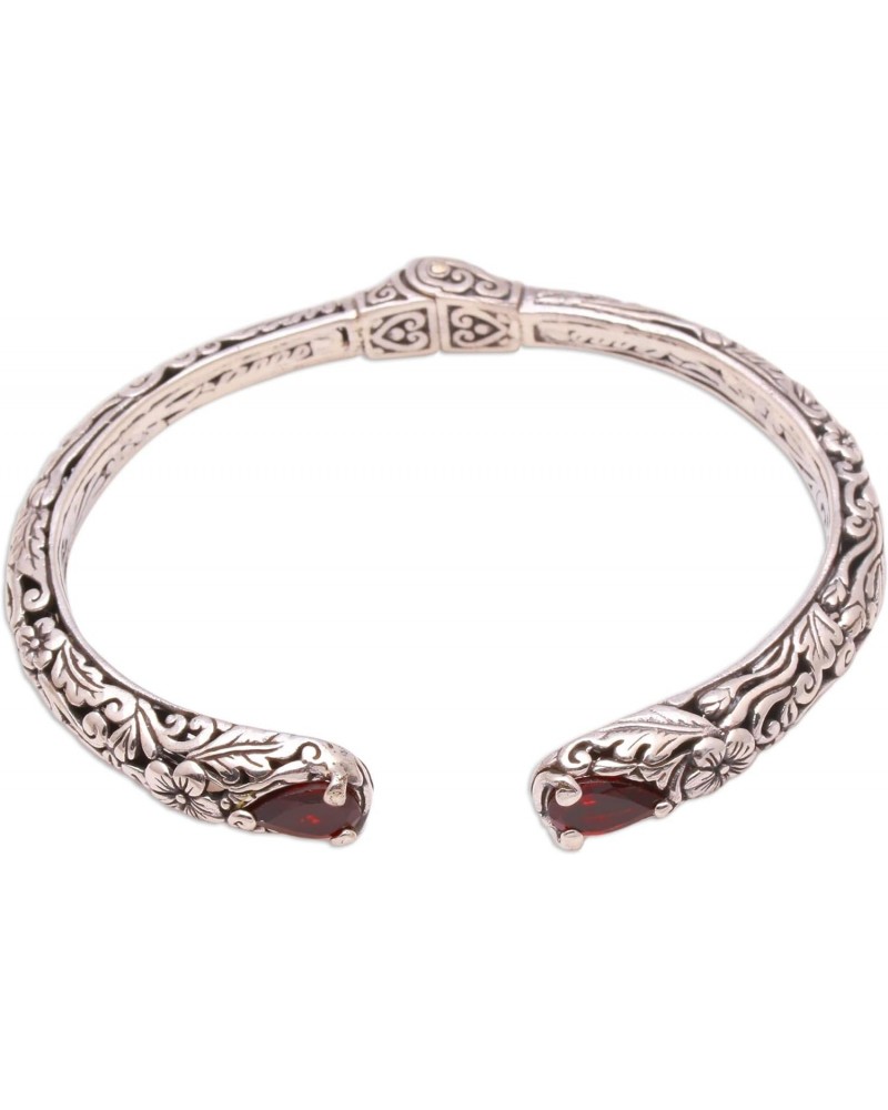 Handmade .925 Sterling Silver Garnet Cuff Bracelet Floral Crafted in Bali Indonesia Gemstone Balinese 'Hint of Twilight' $46....