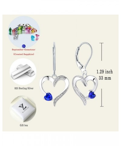 Heart Earrings Sterling Silver Love Heart Dangle Drop Earrings Birthstone Leverback Jewelry for Women 09-sapphire-Sept $31.24...