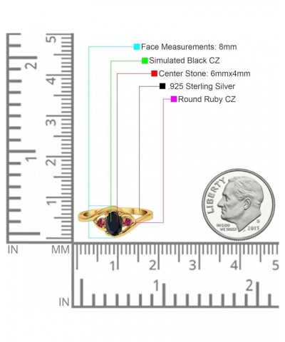 Three Stone Engagement Ring Oval Cut Round Simulated Ruby Cubic Zirconia 925 Sterling Silver Yellow Tone, Simulated Black CZ ...