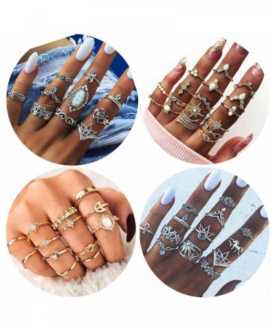 38Pcs Vintage Knuckle Rings Set Gemstone Bohemian Stackable Finger Rings Midi Rings for Women Aesthetic Hollow Carved Crystal...