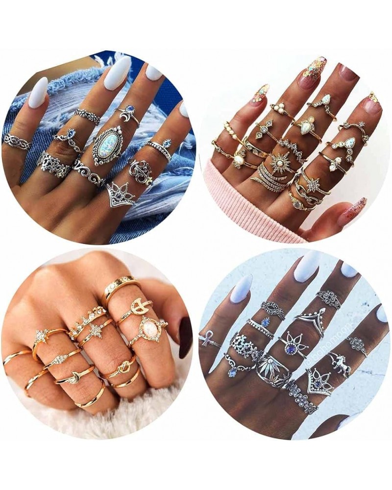 38Pcs Vintage Knuckle Rings Set Gemstone Bohemian Stackable Finger Rings Midi Rings for Women Aesthetic Hollow Carved Crystal...