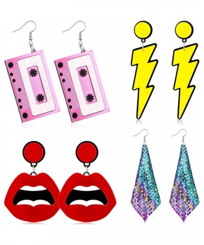 4 Pairs 80s Retro Earrings 1980s Retro Neon Earrings 80s Costume Earrings Exaggerated Earrings for Women Girls Traditional St...