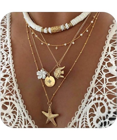 Beach Charm Necklace for Women Summer Starfish Shell Necklace Layered Beachy Necklaces Surfer Flower Necklace for Teen Girls ...